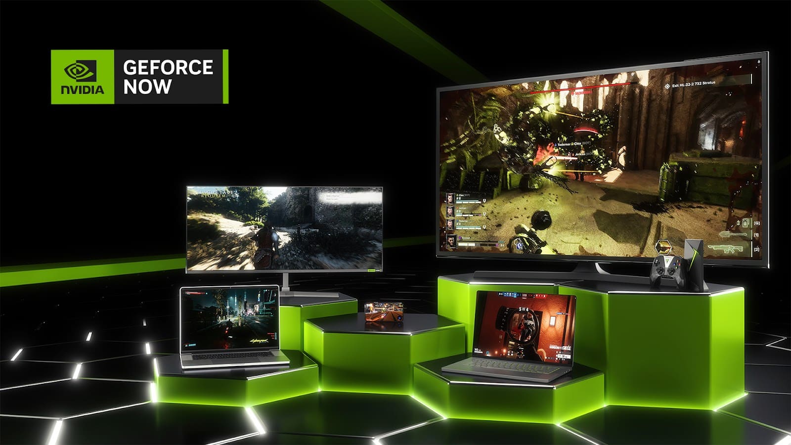 A PC gaming setup with a game library open on the monitor