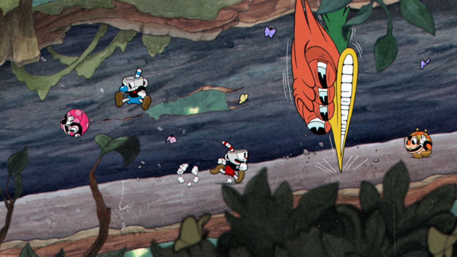 A 1930s-style hand-drawn cartoon boss fight, the look every game similar to Cuphead is measured against